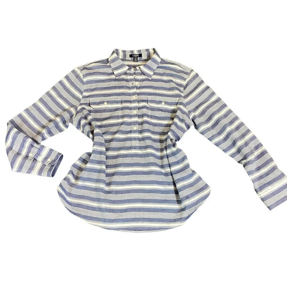Chaps Cotton Blue & White Striped Shirt‎ Women's Sz XL #253i